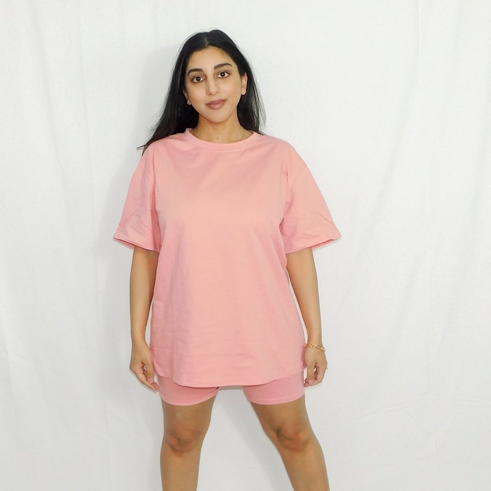 Pink Oversized T-Shirt and Biker Shorts Set